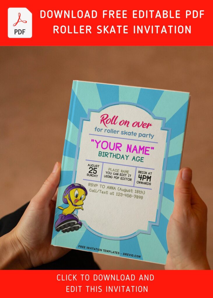 (Free Editable PDF) Simply Cute Roller Skating Party Invitation Templates with Blue background