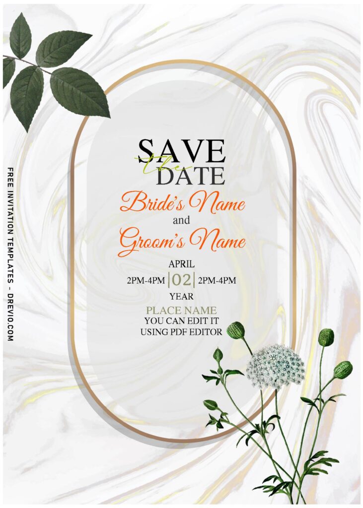 (Free Editable PDF) Bespoke Watercolor Floral & Marble Wedding Invitation Templates with elegant script