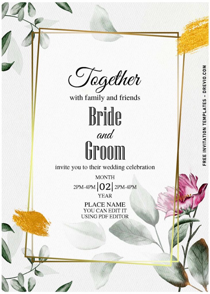 (Free Editable PDF) Chic Southern Magnolia Wedding Invitation Templates with gold frame
