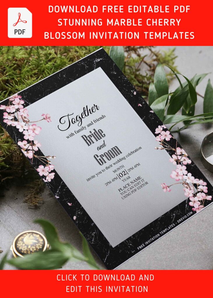 (Free Editable PDF) Classic Marble Cherry Blossom Invitation Templates with gorgeous Cherry Blossom