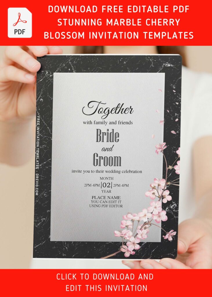 (Free Editable PDF) Classic Marble Cherry Blossom Invitation Templates with elegant script