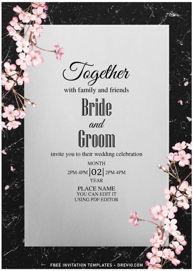 (Free Editable PDF) Classic Marble Cherry Blossom Invitation Templates with modern marble foil background