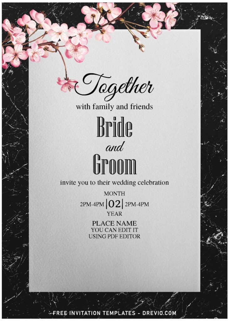 (Free Editable PDF) Classic Marble Cherry Blossom Invitation Templates with elegant black marble background