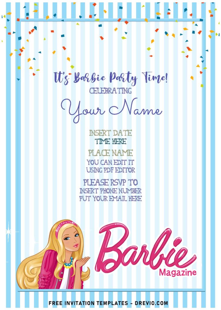 (Free Editable PDF) Lovely Cute Barbie Magazine Birthday Invitation Templates with adorable blue stripes