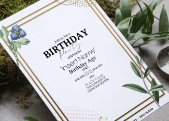 (Free Editable PDF) Faux Gold Geometric Frame & Floral Invitation Templates with Periwinkle