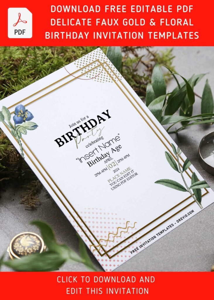 (Free Editable PDF) Faux Gold Geometric Frame & Floral Invitation Templates with Periwinkle