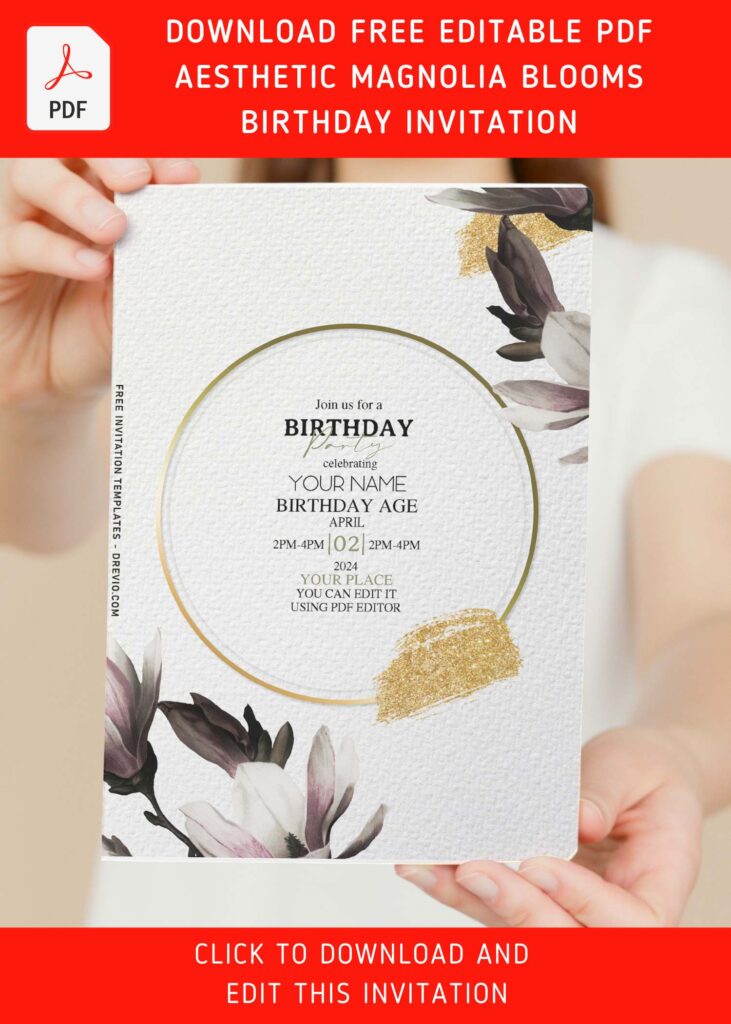 (Free Editable PDF) Modern Aesthetic Magnolia Blooms Floral Invitation Templates with stunning metallic gold frame