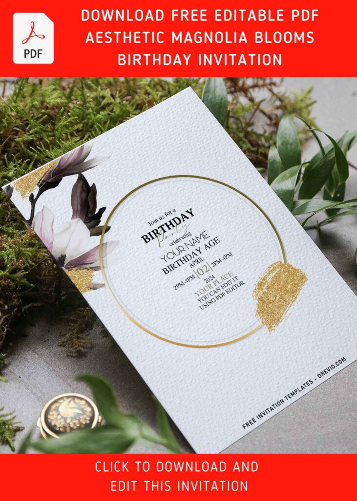 (Free Editable PDF) Modern Aesthetic Magnolia Blooms Floral Invitation Templates with editable text