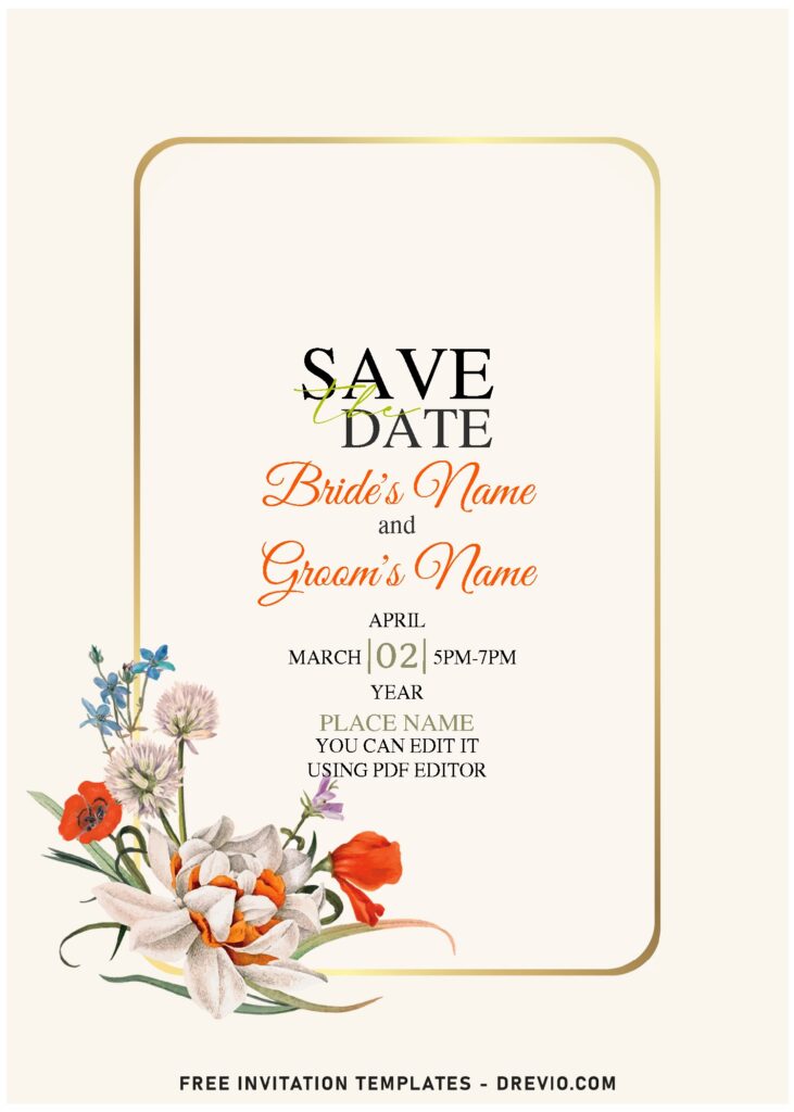 (Free Editable PDF) Beautiful Spring Day Flowers Wedding Invitation Templates with rustic yellowish background