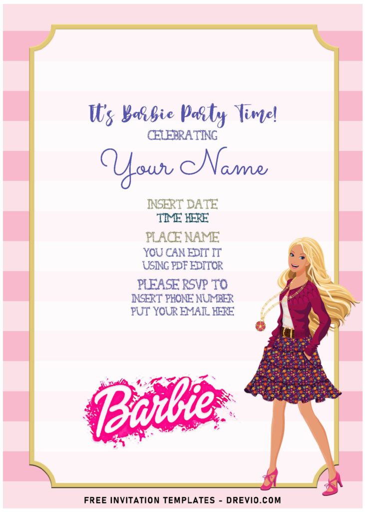 (Free Editable PDF) Adorable Barbie Big City Dream Themed Birthday Invitation Templates with pink stripes background
