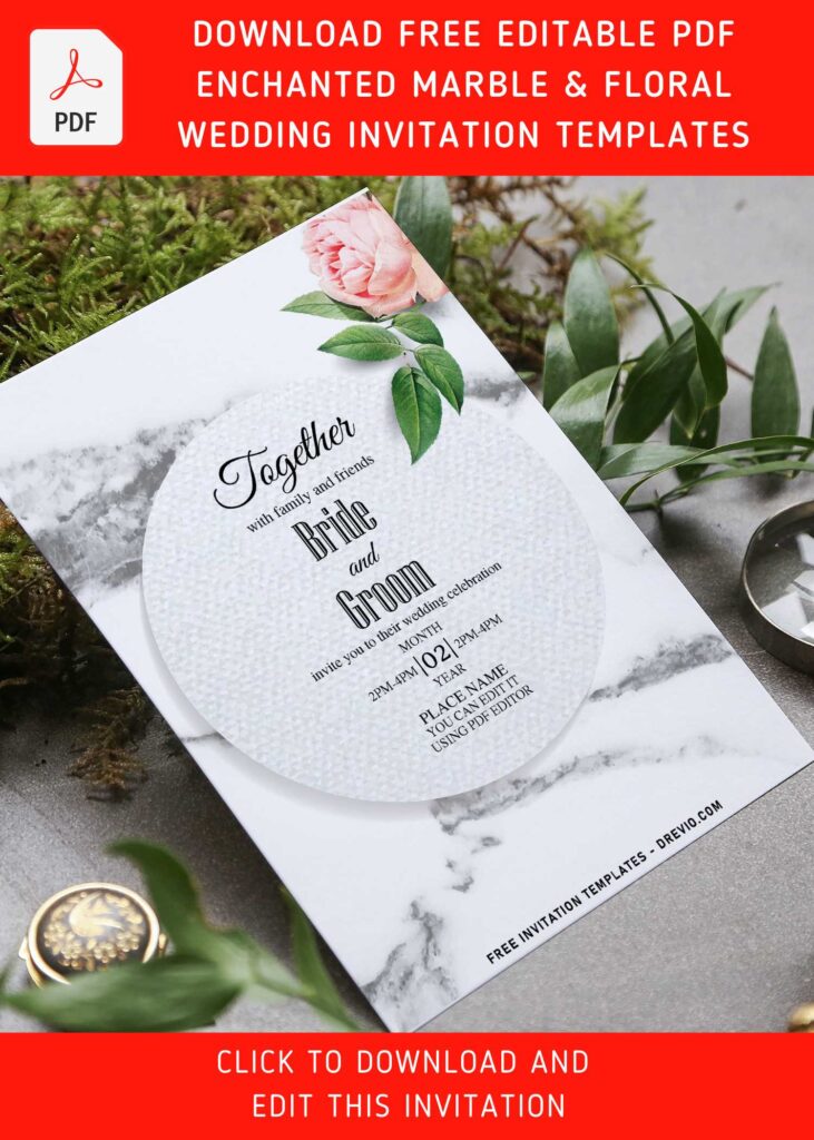 (Free Editable PDF) Enchanted Marble & Floral Save The Date Invitation Templates with blush pink rose