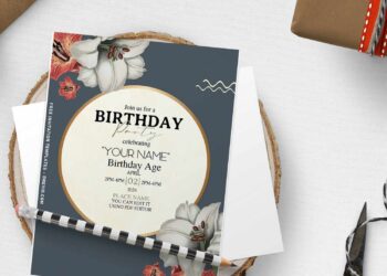 (Free Editable PDF) Intimate Modern Lily Birthday Invitation Templates with gold asymmetric lines