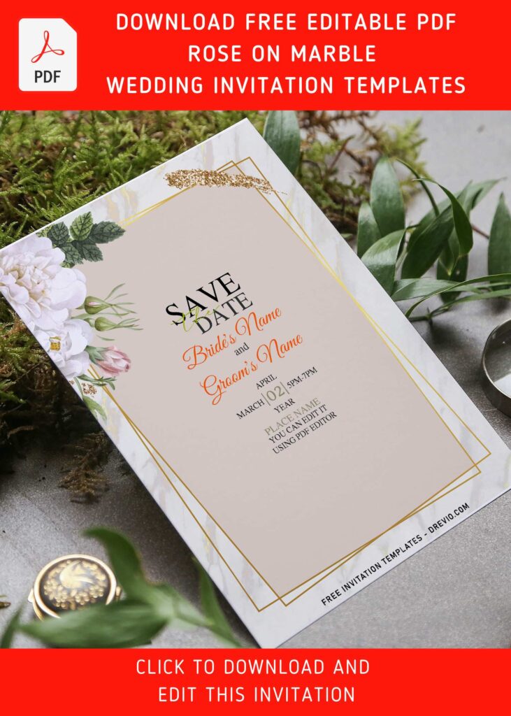 (Free Editable PDF) Luxury Gold Marble Foil-Look & Rose Wedding Invitation Templates with elegant gold sparkles