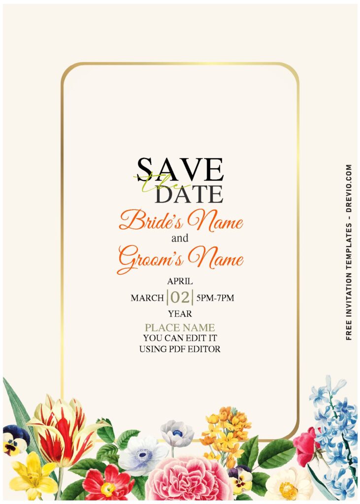 (Free Editable PDF) Beautiful Spring Day Flowers Wedding Invitation Templates with rounded corner text frame