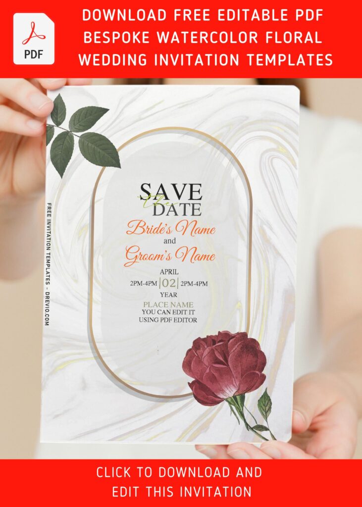 (Free Editable PDF) Bespoke Watercolor Floral & Marble Wedding Invitation Templates with romantic rose