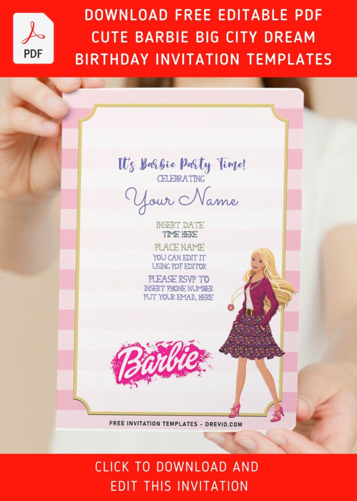 (Free Editable PDF) Adorable Barbie Big City Dream Themed Birthday Invitation Templates with cute Barbie picture