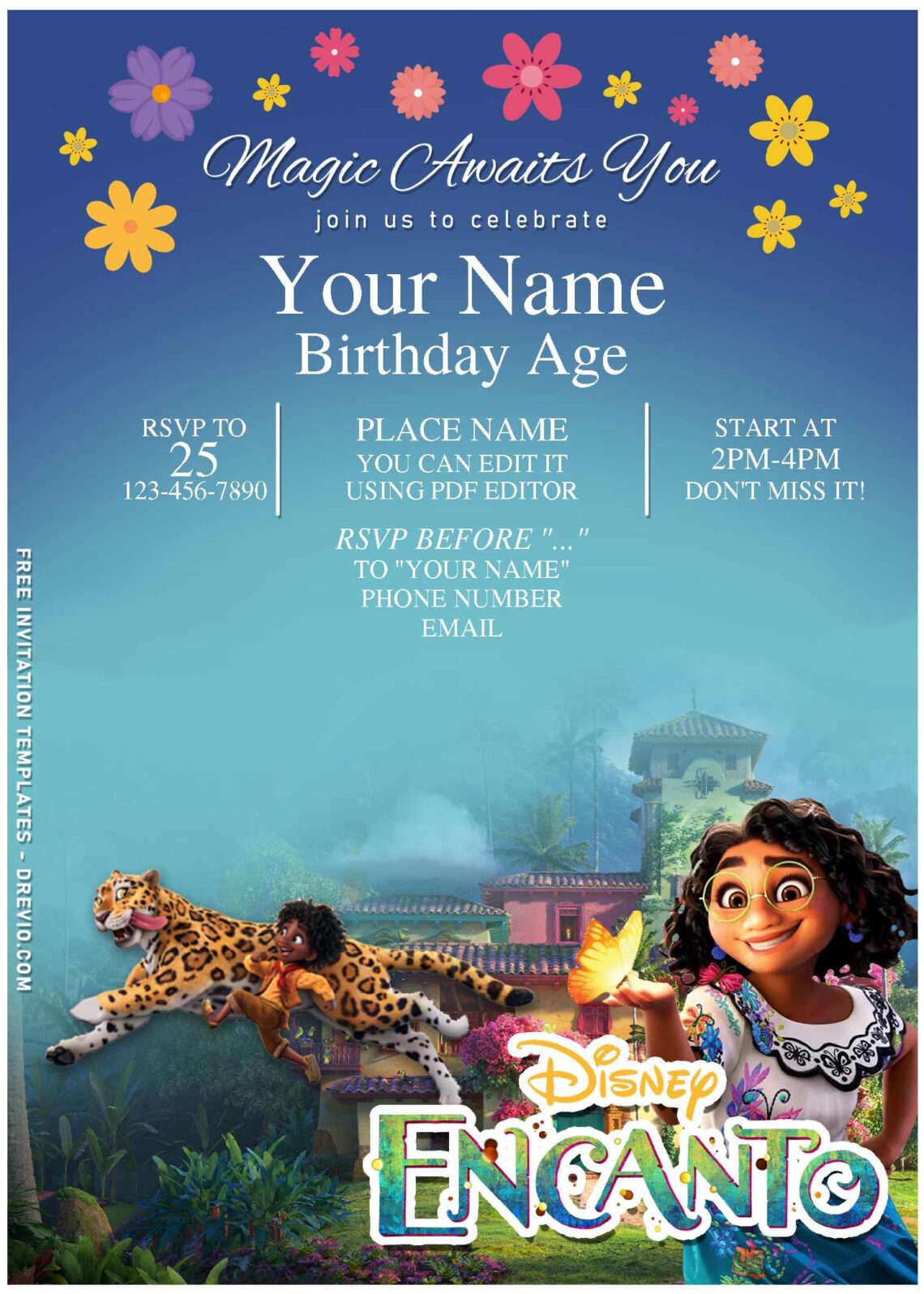 (Free Editable PDF) Disney Encanto Themed Birthday Invitation Templates with cute Antonia and her cute tiger