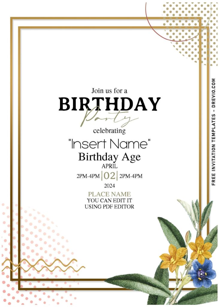 (Free Editable PDF) Faux Gold Geometric Frame & Floral Invitation Templates with modern golden ornaments