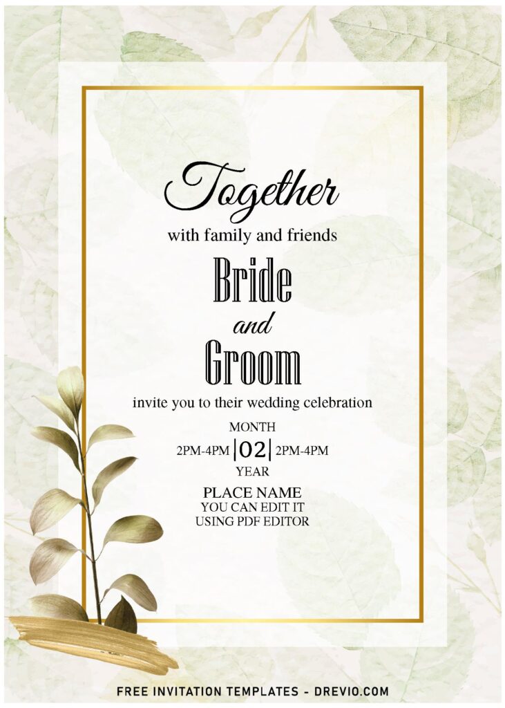 (Free Editable PDF) Enchanted Autumn Foliage Wedding Invitation Templates with gold brushes