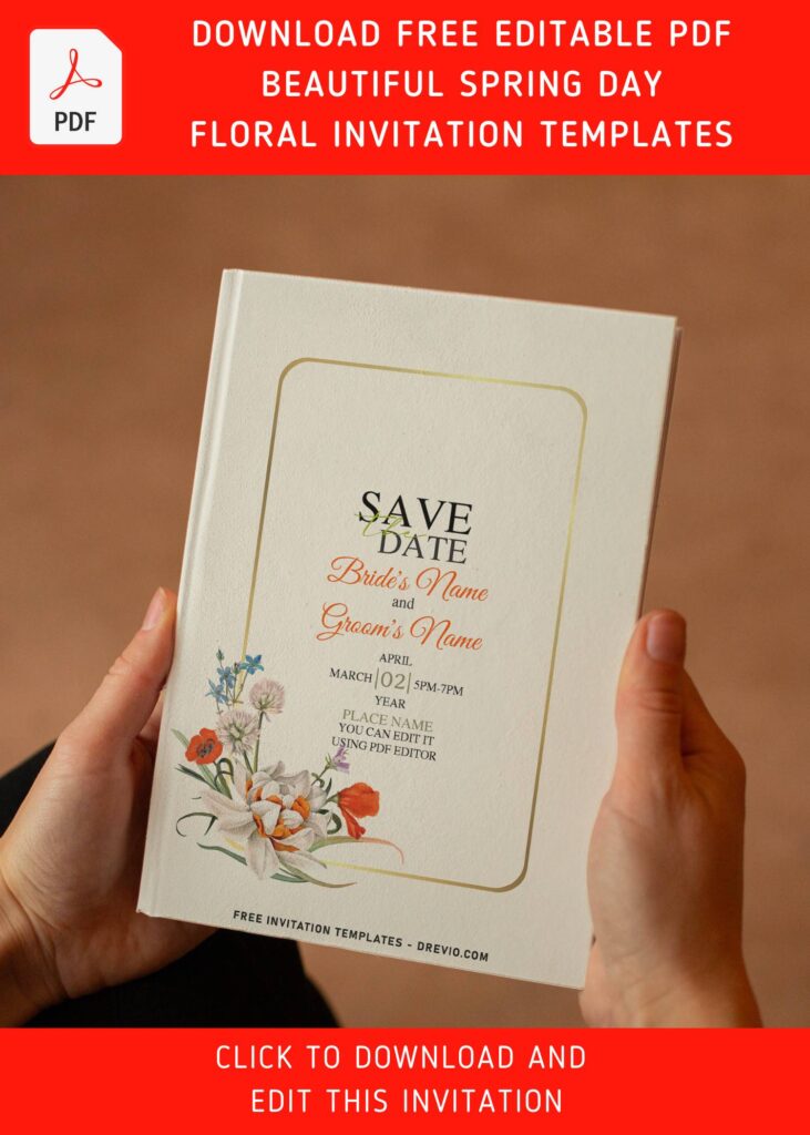 (Free Editable PDF) Beautiful Spring Day Flowers Wedding Invitation Templates with elegant script
