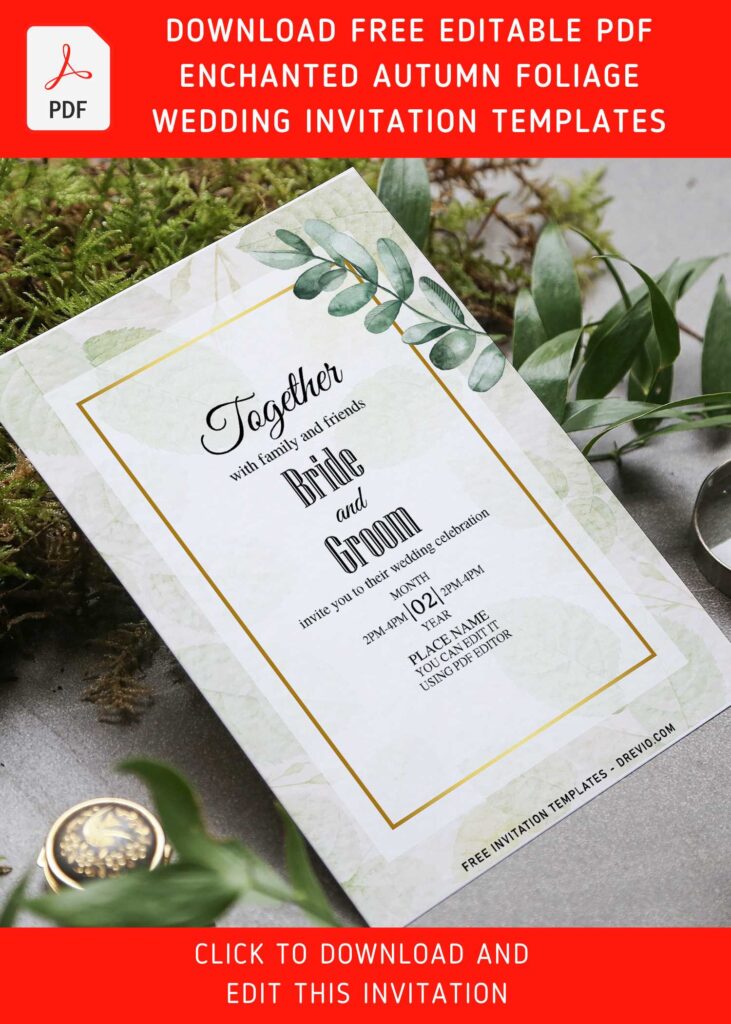(Free Editable PDF) Enchanted Autumn Foliage Nuptial Wedding Invitation Templates with eucalyptus leaves