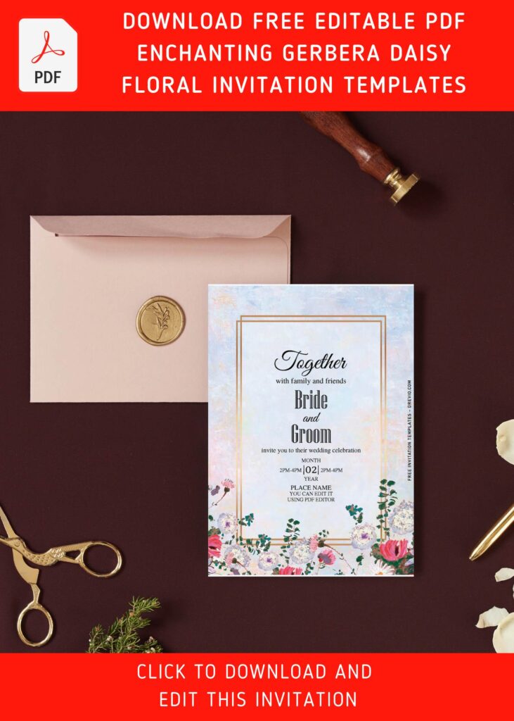(Free Editable PDF) Striking Gerbera Daisy And Peony Wedding Invitation Templates with elegant gold frame
