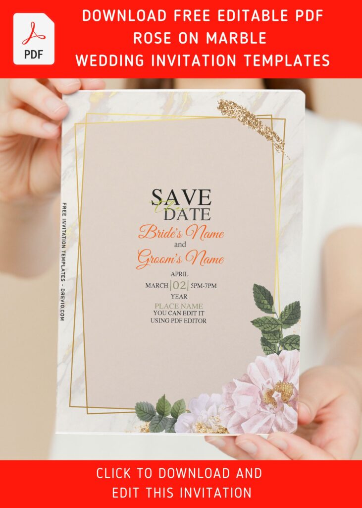 (Free Editable PDF) Luxury Gold Marble Foil-Look & Rose Wedding Invitation Templates with editable text