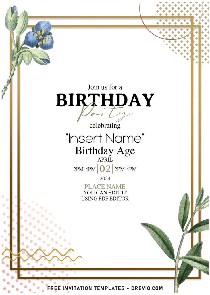 (Free Editable PDF) Faux Gold Geometric Frame & Floral Invitation Templates with beautiful decorations