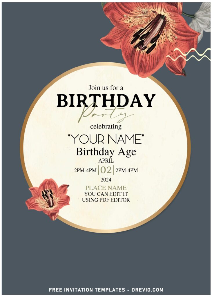 (Free Editable PDF) Intimate Modern Lily Birthday Invitation Templates with beautiful gold accent