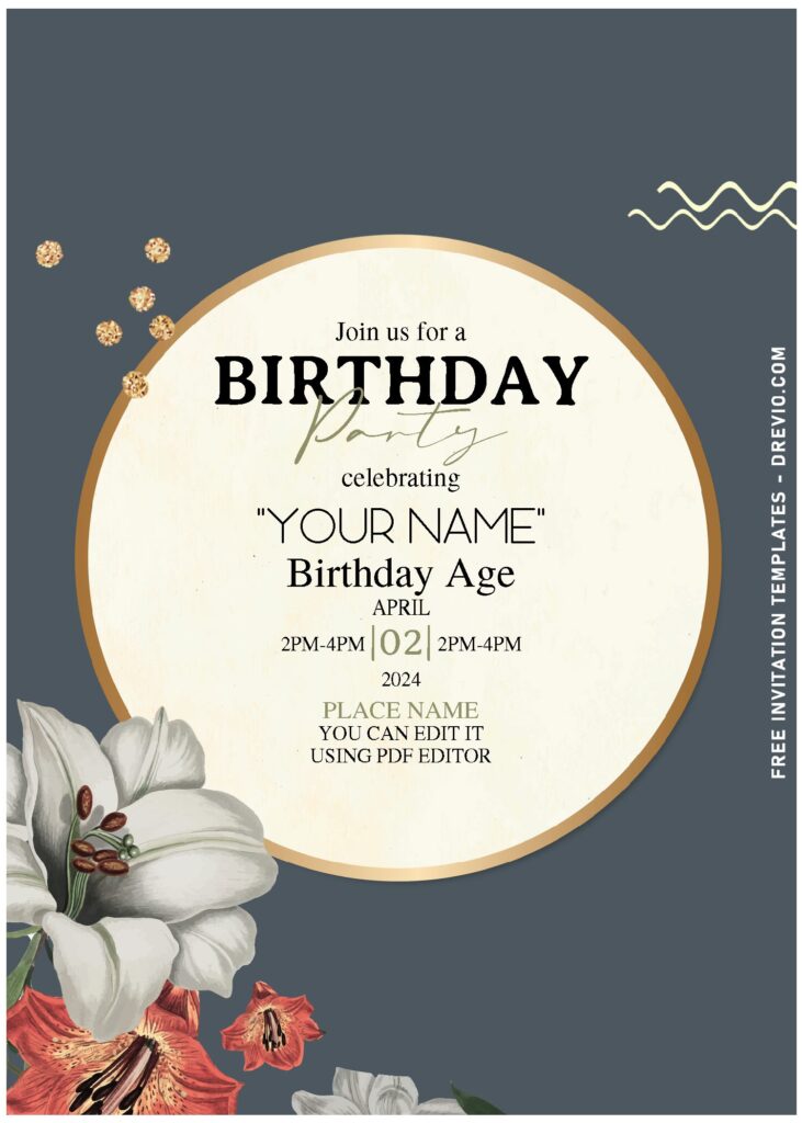 (Free Editable PDF) Intimate Modern Lily Birthday Invitation Templates with elegant script