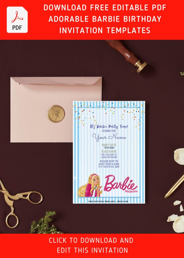 (Free Editable PDF) Lovely Cute Barbie Magazine Birthday Invitation Templates with cute Barbie with pink jacket