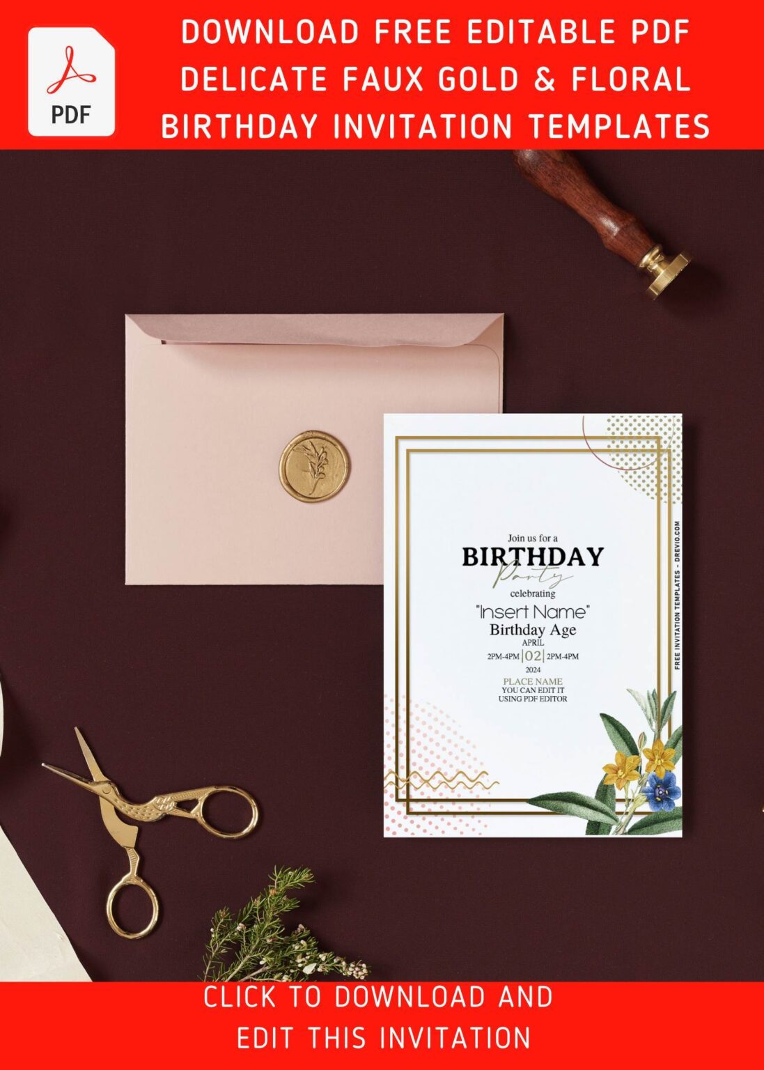 (Free Editable PDF) Faux Gold Geometric Frame & Floral Invitation ...