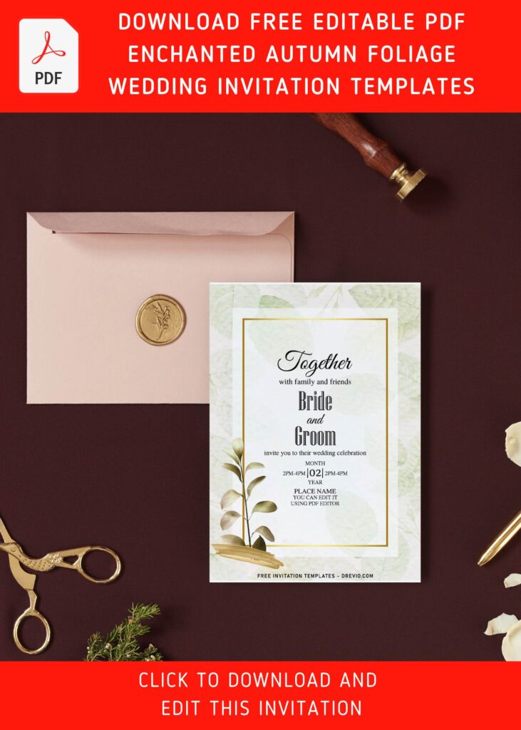 (Free Editable PDF) Enchanted Autumn Foliage Nuptial Wedding Invitation Templates with rectangle gold frame