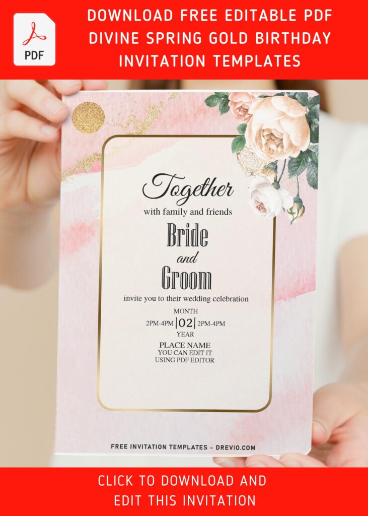 (Free Editable PDF) Divine Spring Gold Wedding Invitation Templates with white rose