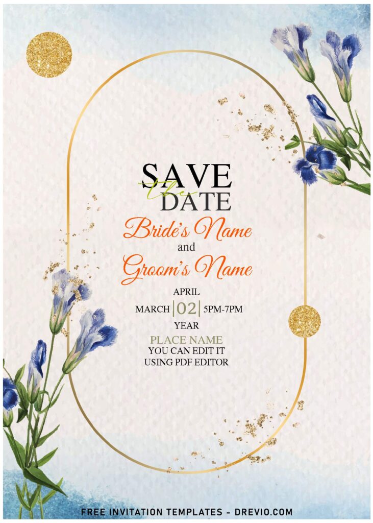 (Free Editable PDF) Romantic Purple Floral Wedding Invitation Templates with fancy gold sparkles