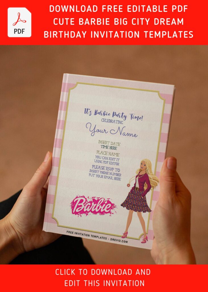 (Free Editable PDF) Adorable Barbie Big City Dream Themed Birthday Invitation Templates with fashionable Barbie