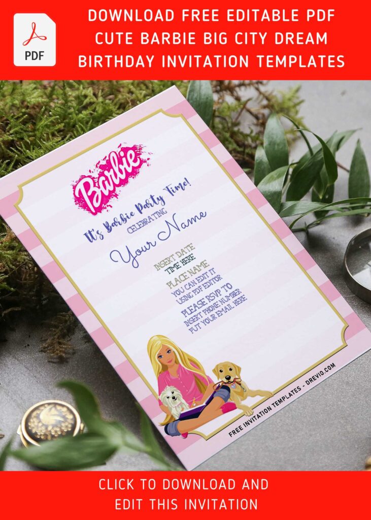(Free Editable PDF) Adorable Barbie Big City Dream Themed Birthday Invitation Templates with cute wordings