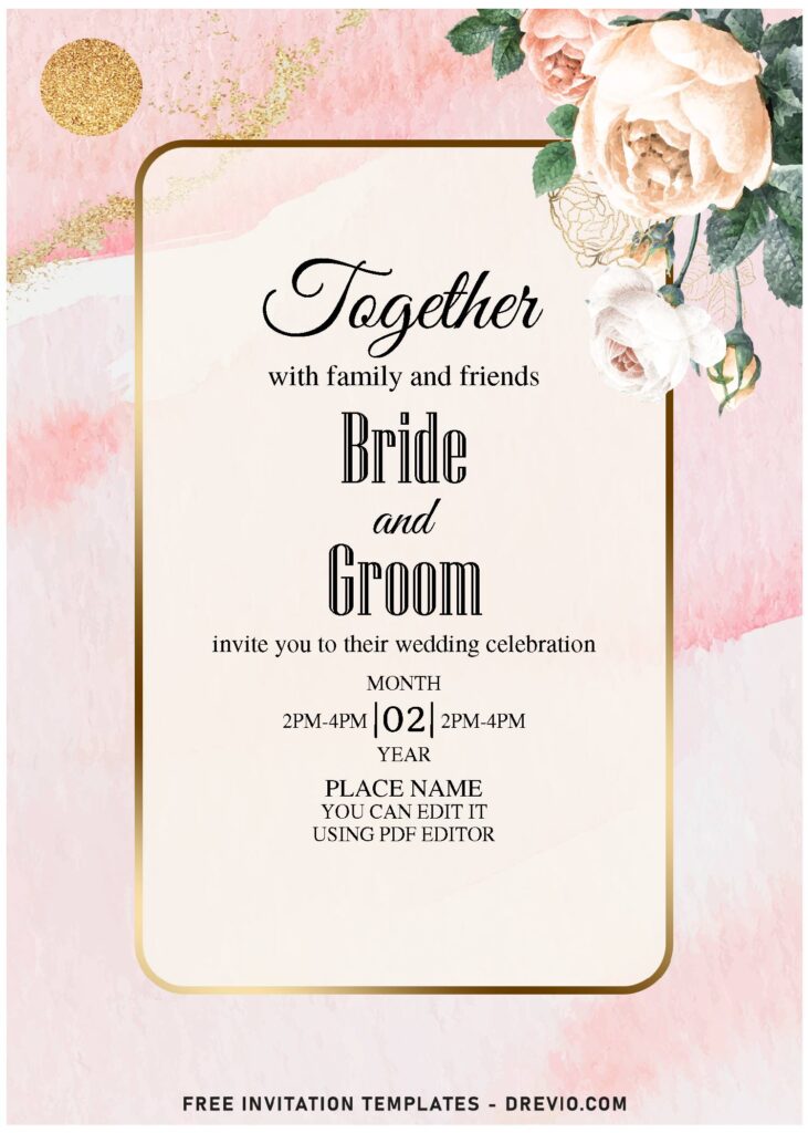 (Free Editable PDF) Divine Spring Gold Wedding Invitation Templates with elegant script