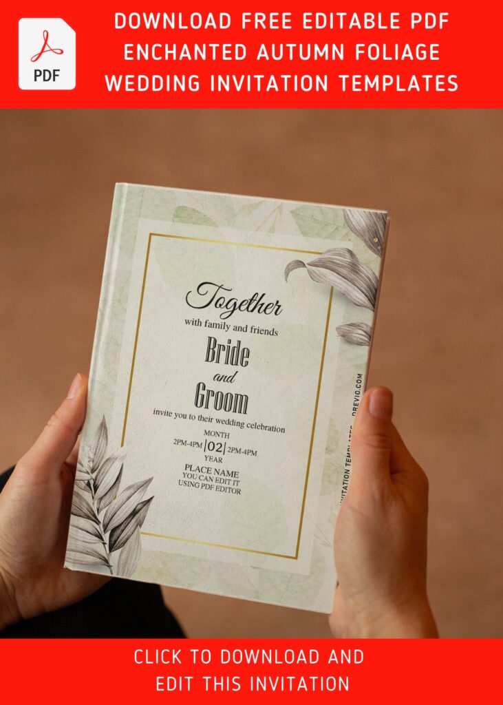 (Free Editable PDF) Enchanted Autumn Foliage Nuptial Wedding Invitation Templates with elegant script