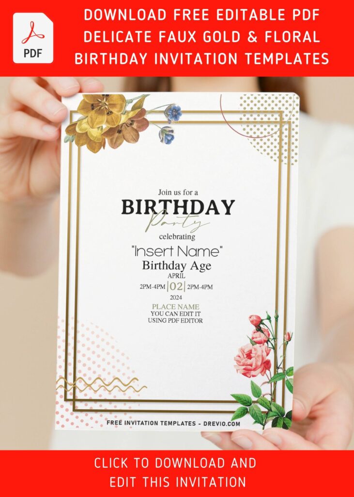 (Free Editable PDF) Faux Gold Geometric Frame & Floral Invitation Templates with halftone pattern
