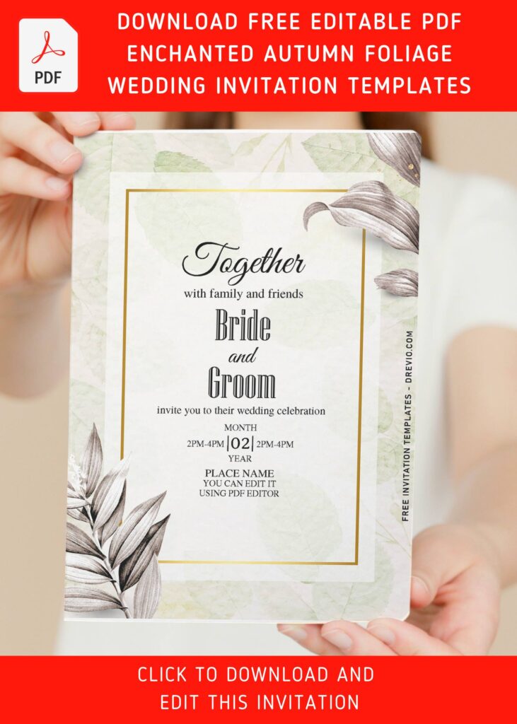 (Free Editable PDF) Enchanted Autumn Foliage Nuptial Wedding Invitation Templates with aesthetic greenery leaves