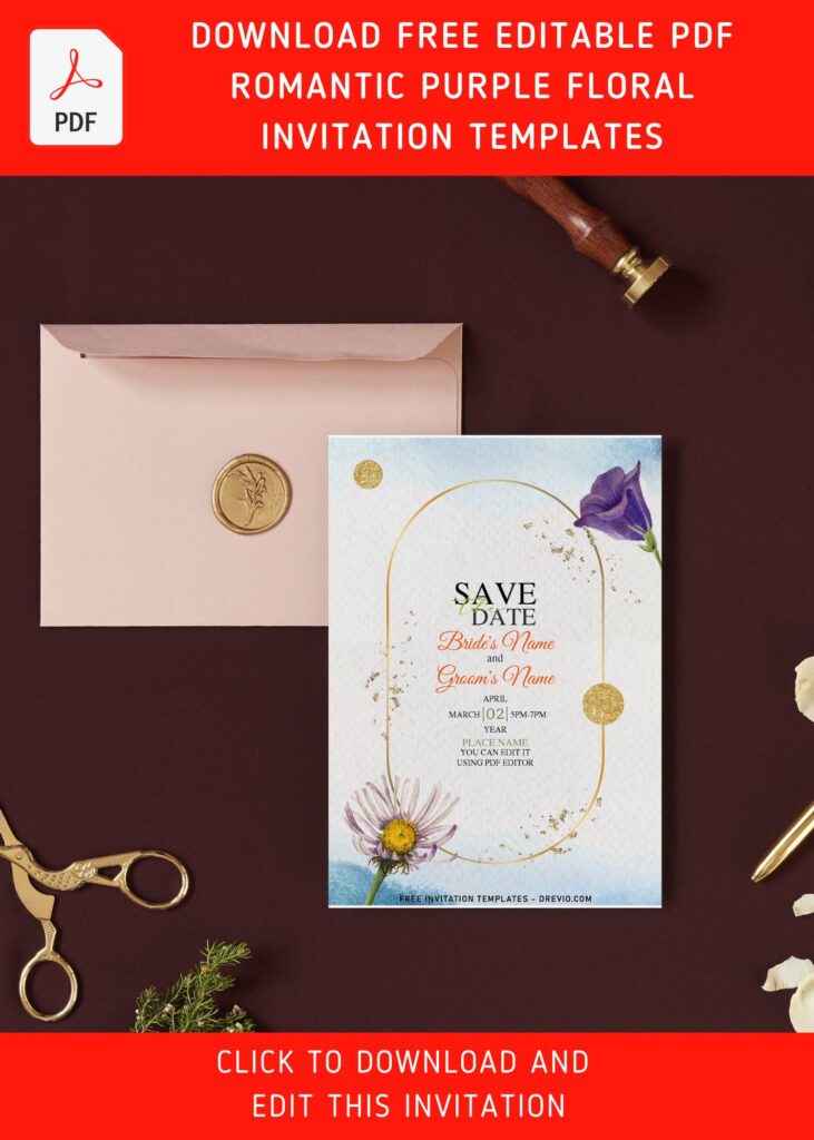 (Free Editable PDF) Romantic Purple Floral Wedding Invitation Templates with 