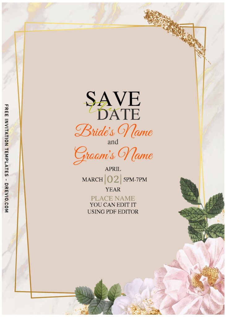 (Free Editable PDF) Luxury Gold Marble Foil-Look & Rose Wedding Invitation Templates