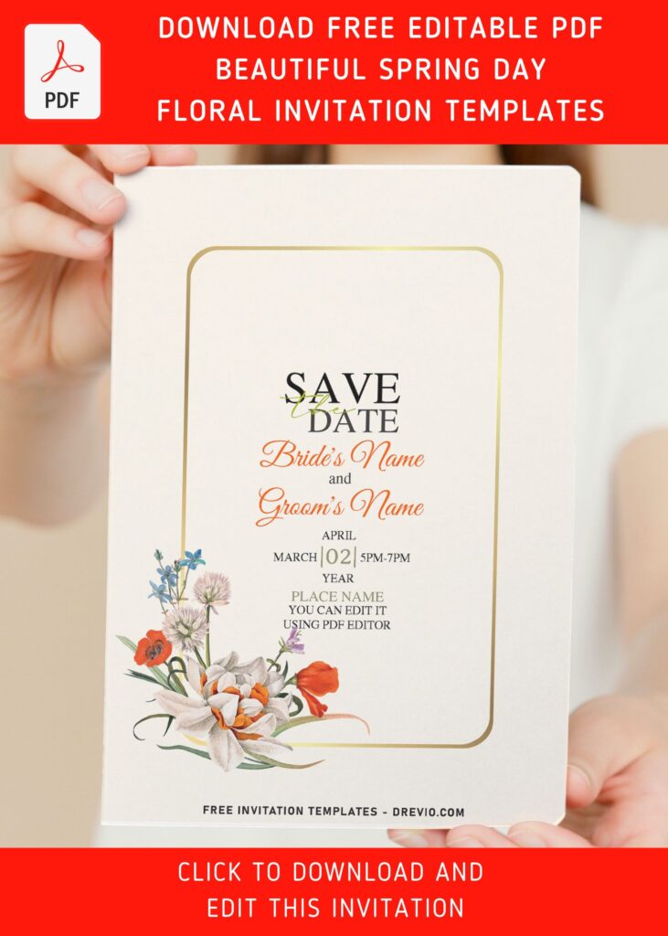 (Free Editable PDF) Beautiful Spring Day Flowers Wedding Invitation Templates with beautiful gardenia and poppy
