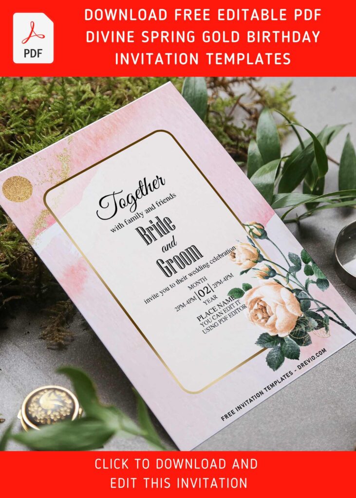 (Free Editable PDF) Divine Spring Gold Wedding Invitation Templates with garden roses