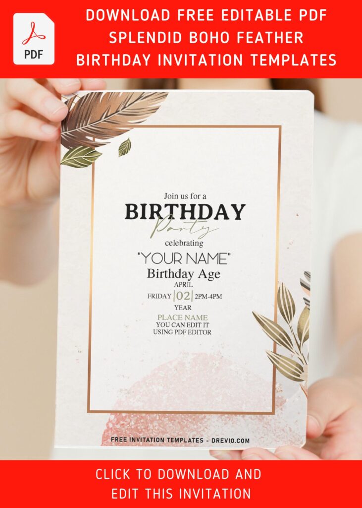 (Free Editable PDF) Splendid Boho Feather Birthday Invitation Templates with rectangle gold frame