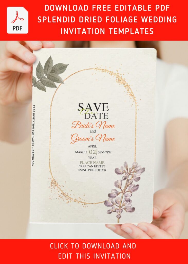 (Free Editable PDF) Splendid Dried Foliage And Orchid Invitation Templates with elegant gold frame