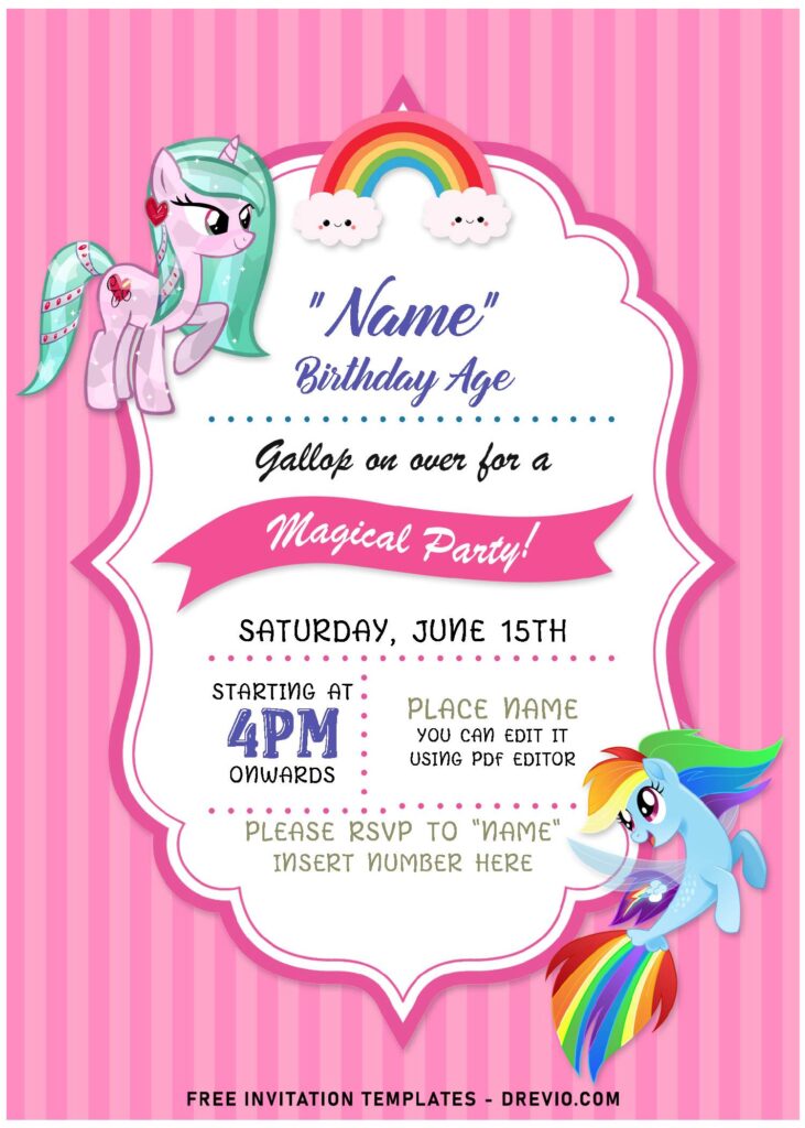 (Free Editable PDF) Adorable Pink My Little Pony Birthday Invitation Templates with cute rainbow dash