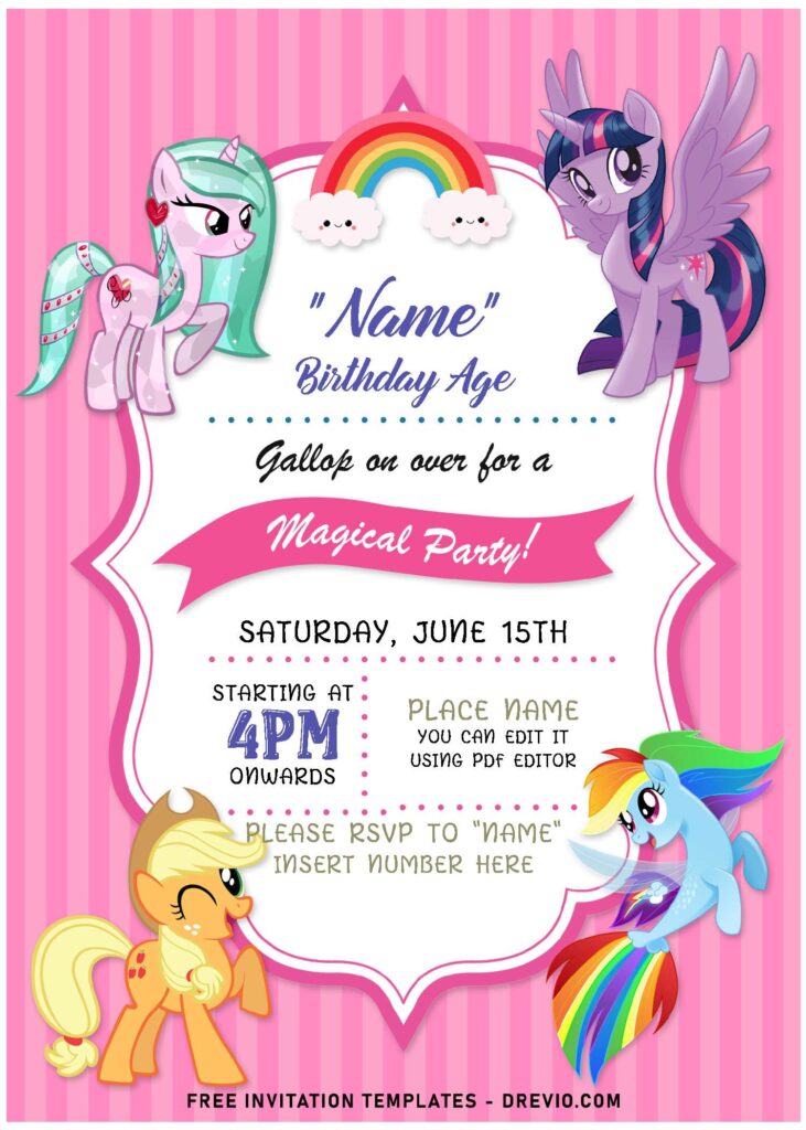 (Free Editable PDF) Adorable Pink My Little Pony Birthday Invitation Templates with cute pink ribbon
