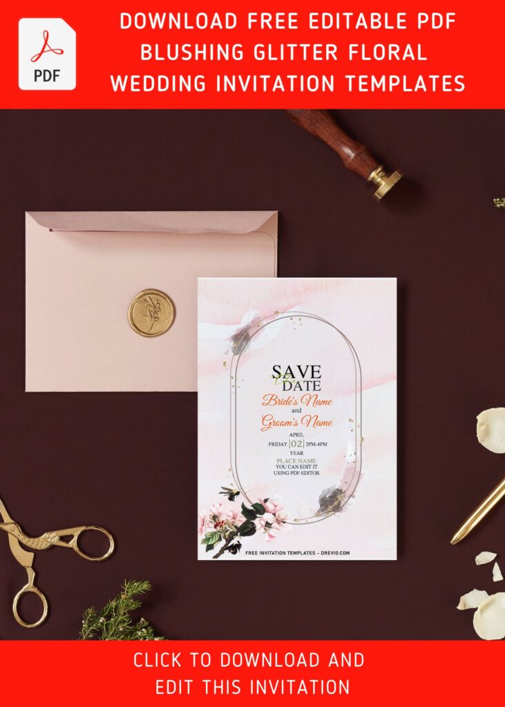 Invitation Template of (Free Editable PDF) Blushing Glitter & Floral Modern Wedding Invitation Templates 2